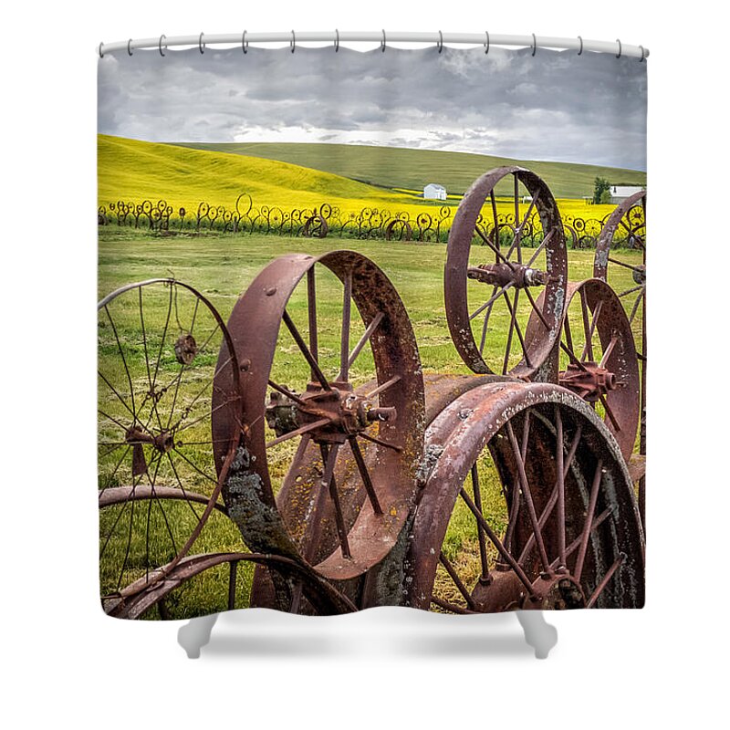 Wheel Shower Curtain featuring the photograph Wheel Fence and Canola Field by Brad Stinson