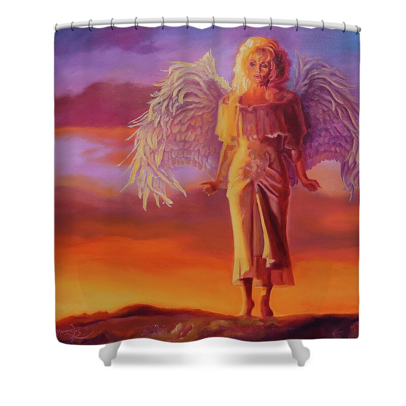 Dolly Parton Shower Curtain featuring the painting When She Flies - Dolly Parton by Maria Modopoulos