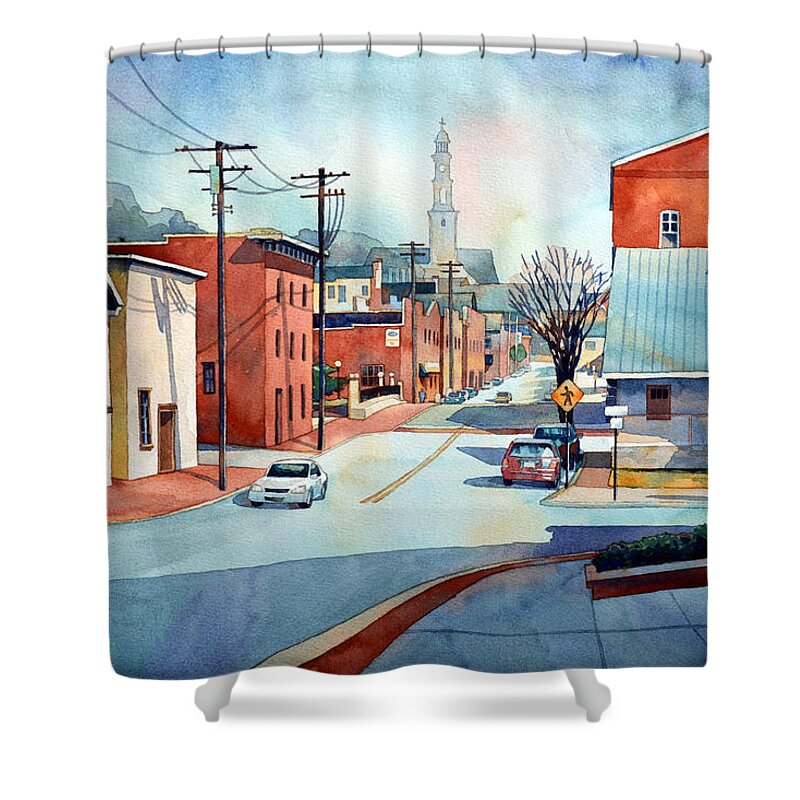 Landscape Shower Curtain featuring the painting When the Fog Lifts by Mick Williams