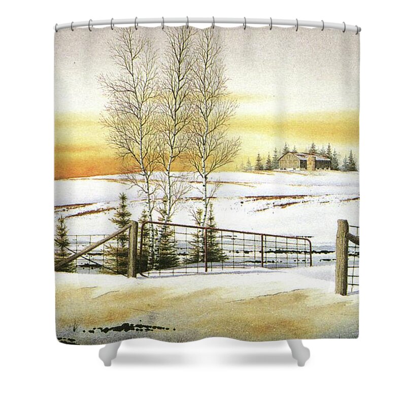 Snow Shower Curtain featuring the painting When the Snow starts melting by Conrad Mieschke