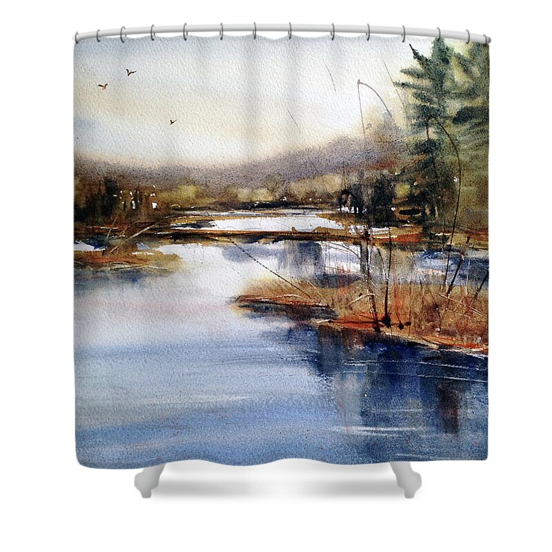 Watercolor Shower Curtain featuring the painting Where Peaceful Waters Flow by Judith Levins