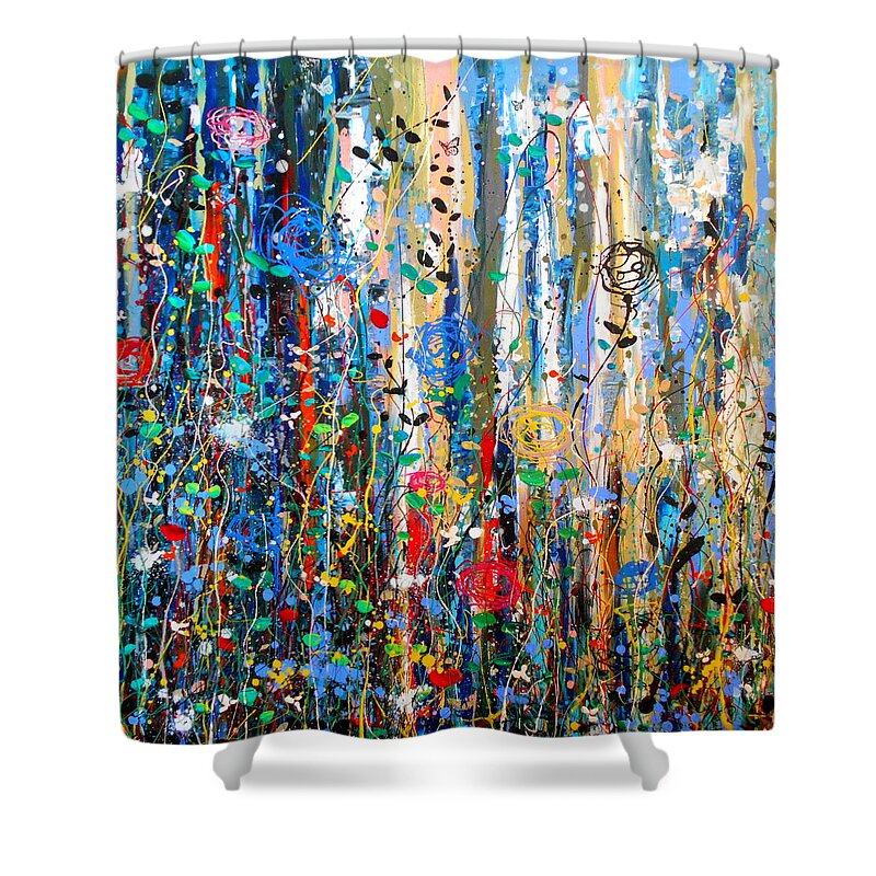 Abstract Painting Shower Curtain featuring the painting Where wild roses bloom, panel 1 by Angie Wright