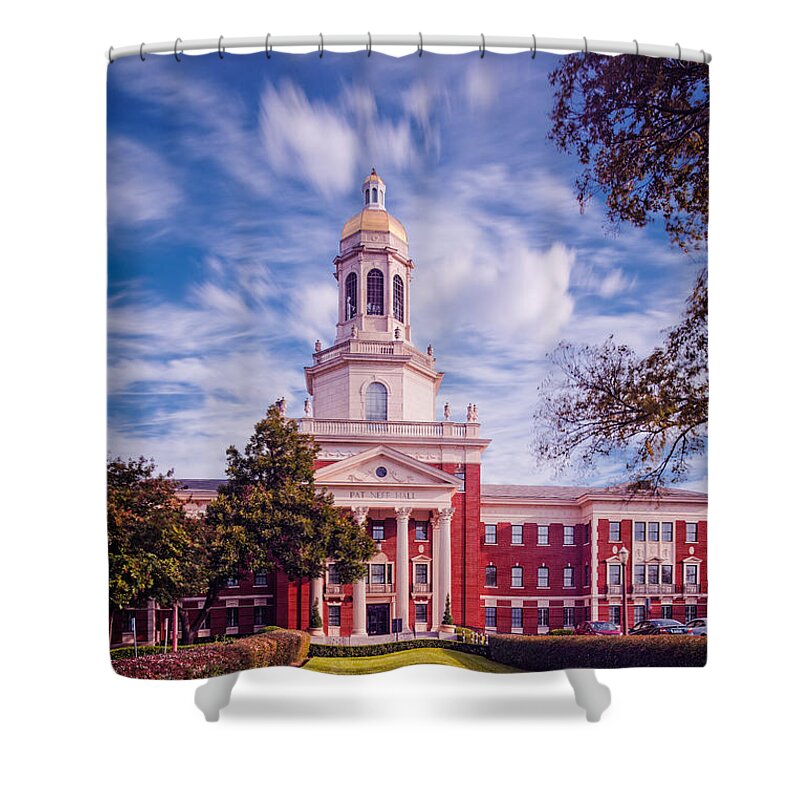 Waco Shower Curtain featuring the photograph Whimsical Clouds Behind Pat Neff Hall - Baylor University - Waco Texas by Silvio Ligutti
