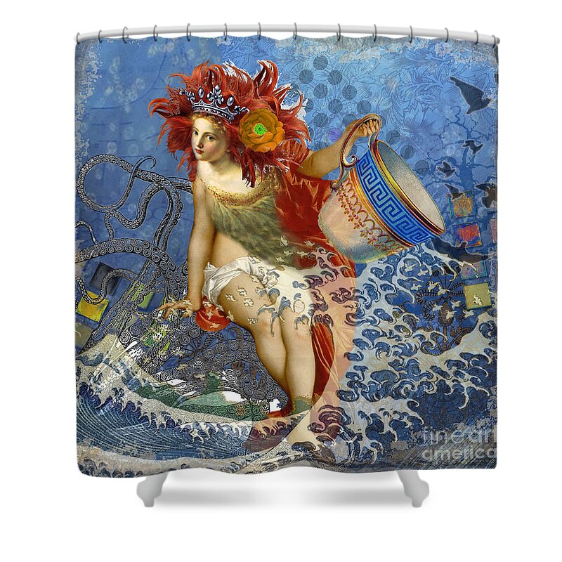 Doodlefly Shower Curtain featuring the digital art Mermaid Aquarius Vintage Whimsical Gothic Funny by Mary Hubley