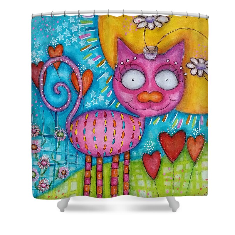 Cat Shower Curtain featuring the painting Whimsicat by Barbara Orenya