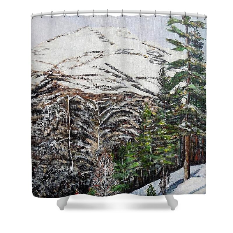 Mountain Shower Curtain featuring the painting Whispering pines by Marilyn McNish