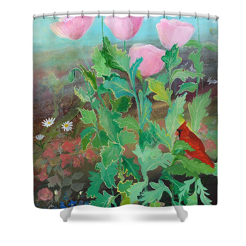 Whispering Pink Poppies Shower Curtain featuring the painting Whispering Pink Poppies by Robin Pedrero