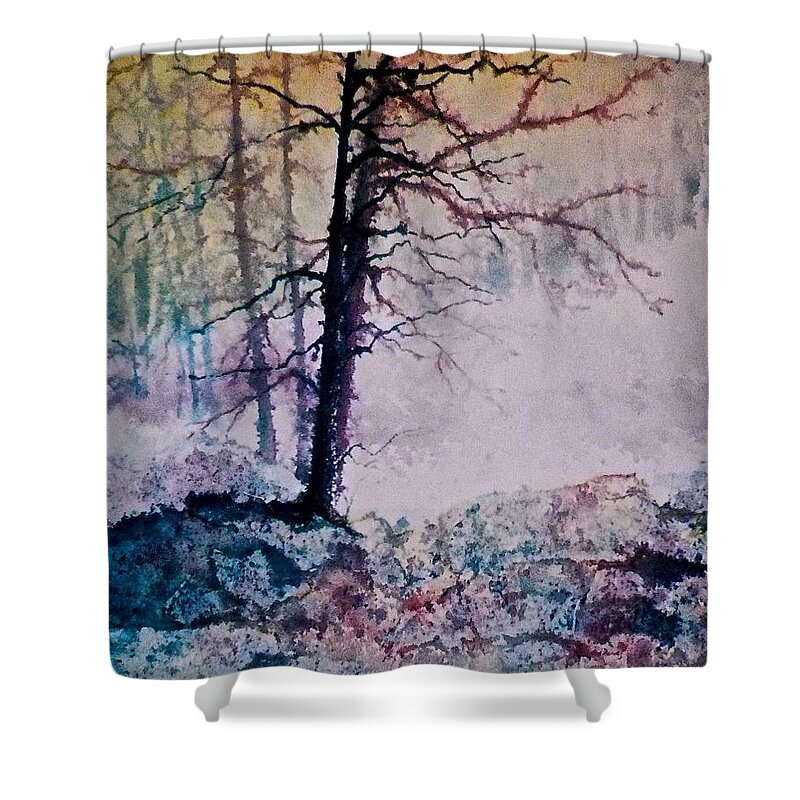 Watercolor Shower Curtain featuring the painting Whispers in the Fog by Carolyn Rosenberger