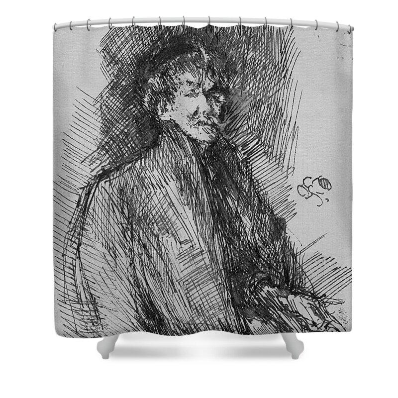 1899 Shower Curtain featuring the drawing Whistler, Self-portrait. by Granger