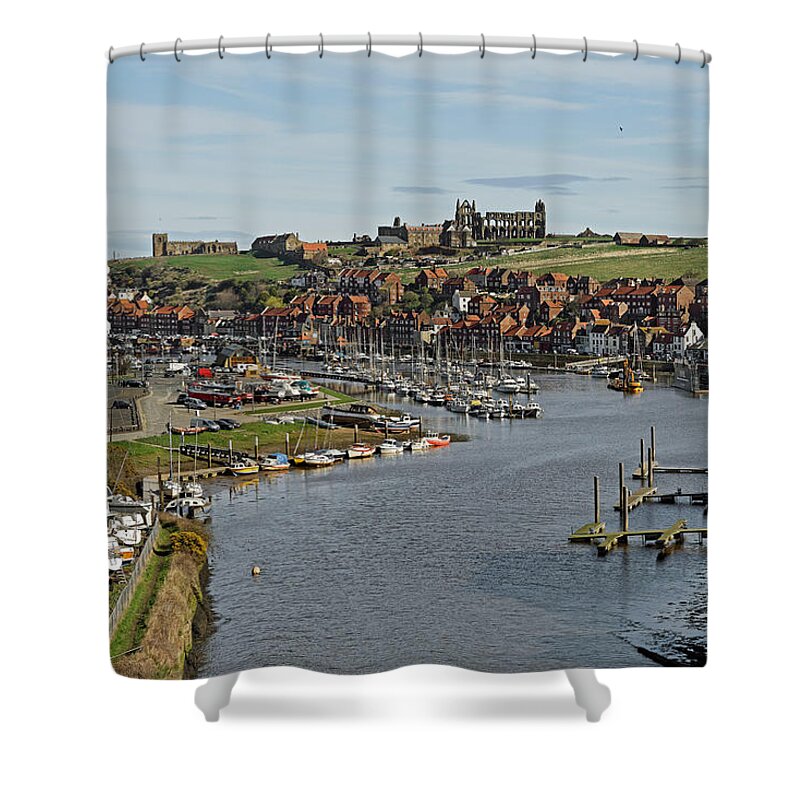Britain Shower Curtain featuring the photograph Whitby Marina and The River Esk by Rod Johnson