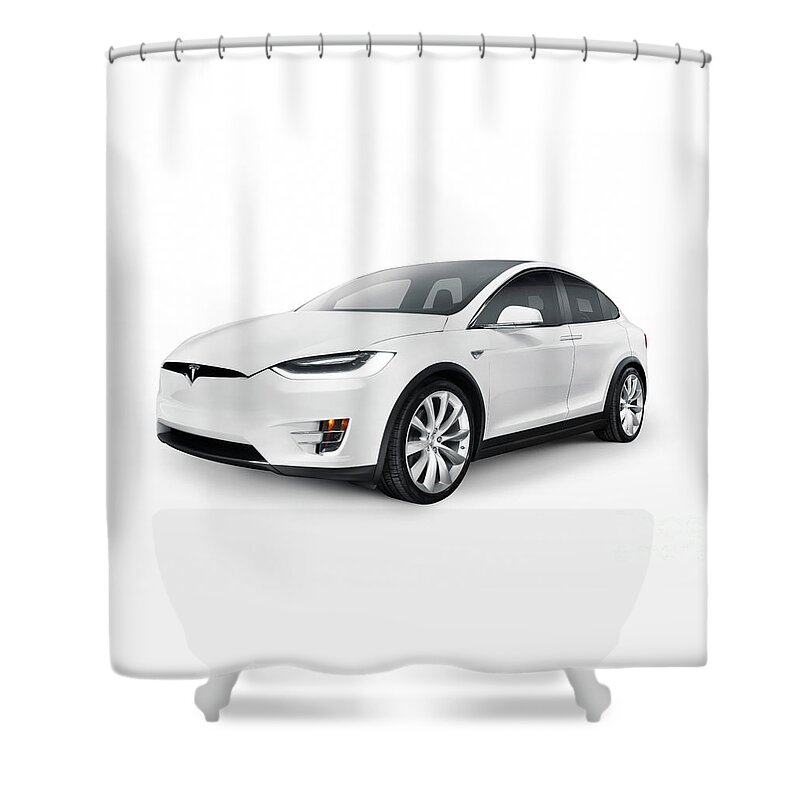 Tesla Shower Curtain featuring the photograph White 2017 Tesla Model X luxury SUV electric car isolated by Maxim Images Exquisite Prints