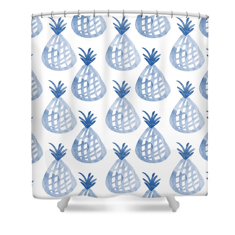 Pineapple Shower Curtain featuring the mixed media White and Blue Pineapple Party by Linda Woods