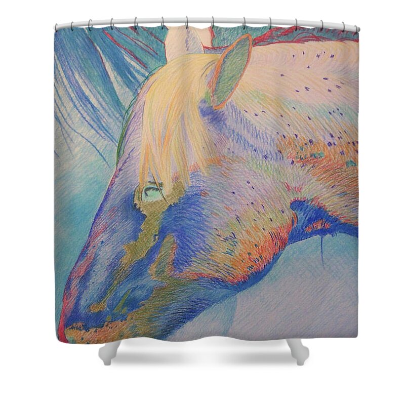 Horses Shower Curtain featuring the drawing White and Blue with Speckles by Cris Fulton
