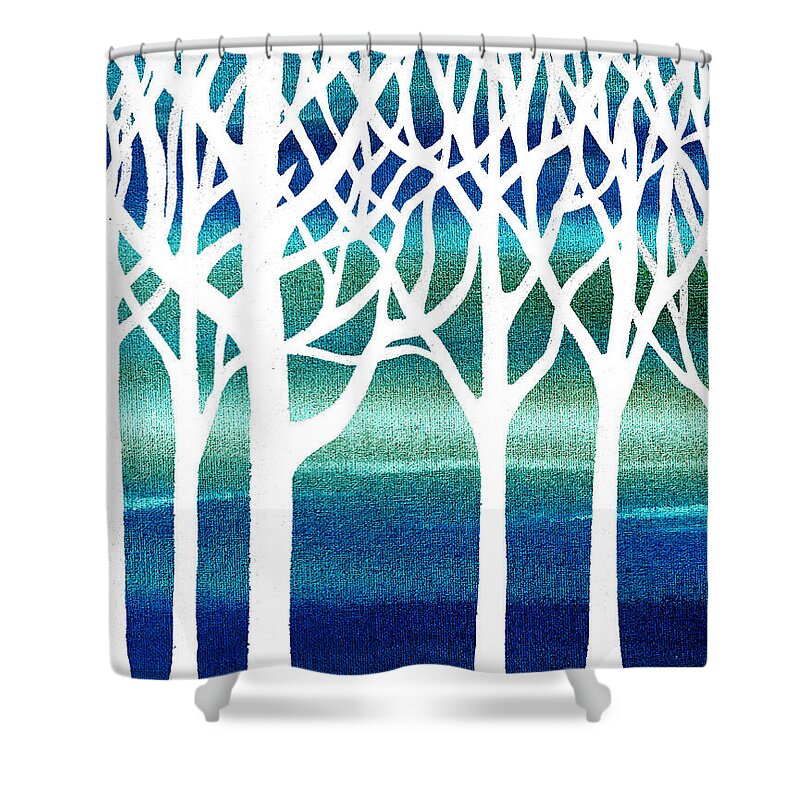Teal Shower Curtain featuring the painting White And Teal Forest by Irina Sztukowski