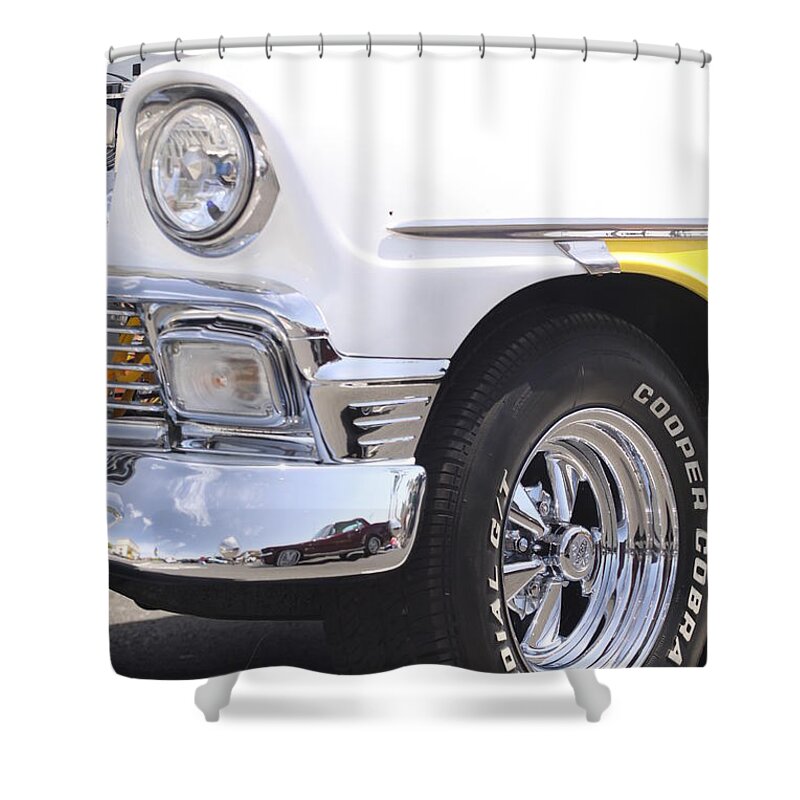 White Shower Curtain featuring the photograph White and Yellow Classic Chevy by Jeff Floyd CA