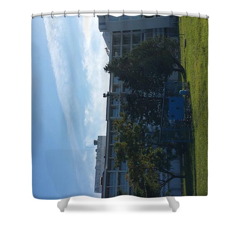  Shower Curtain featuring the photograph White building peeking through trees by Zachary Lowery