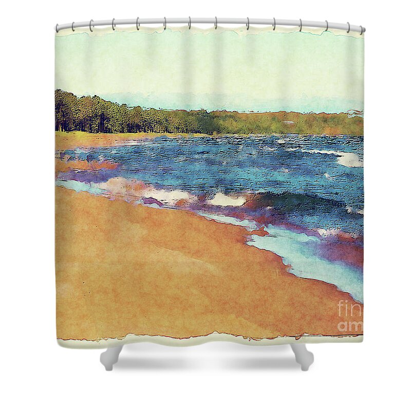 Lake Superior Nature Shower Curtain featuring the digital art White Caps On Lake Superior by Phil Perkins