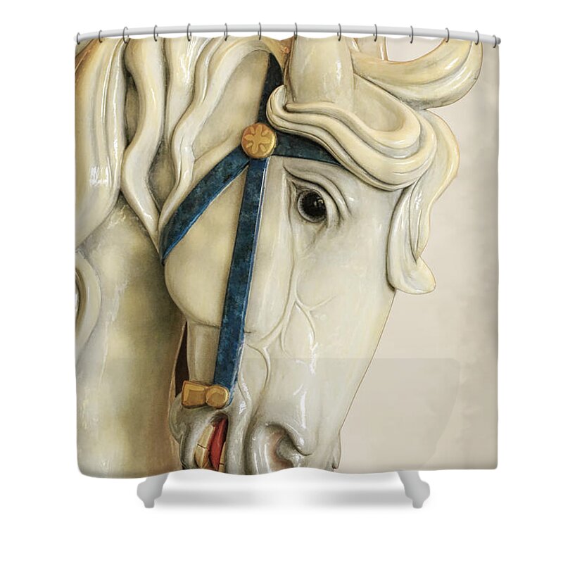 Carousel Horse Shower Curtain featuring the photograph White Carousel Horse by Steve McKinzie