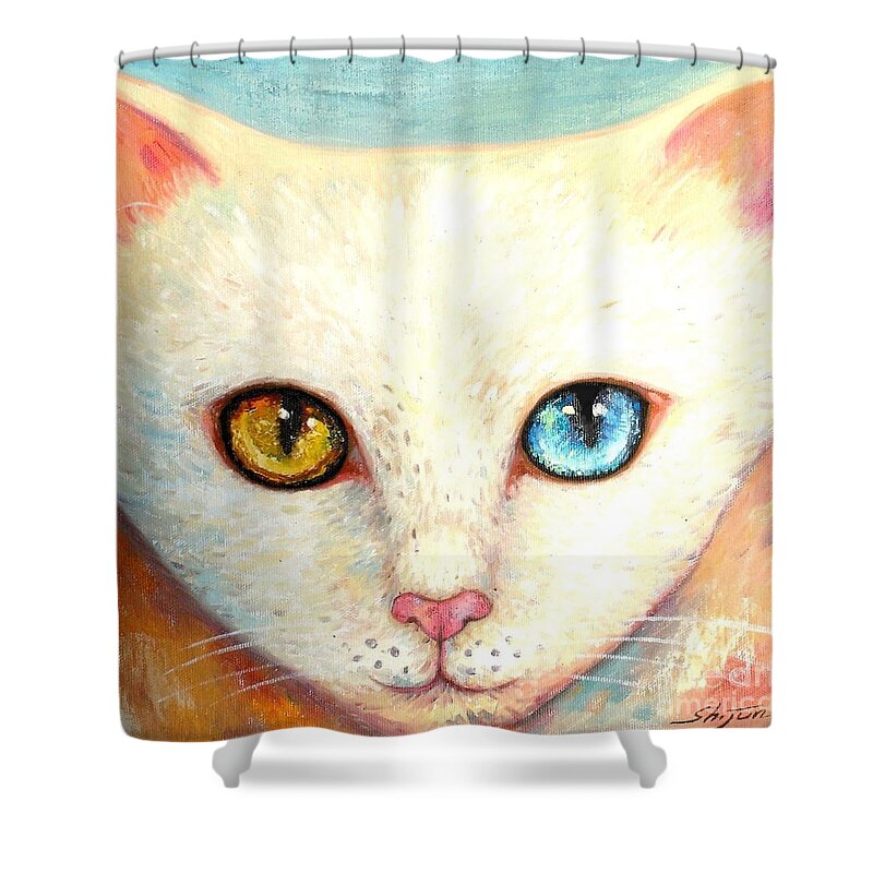 Portrait Shower Curtain featuring the painting White Cat by Shijun Munns