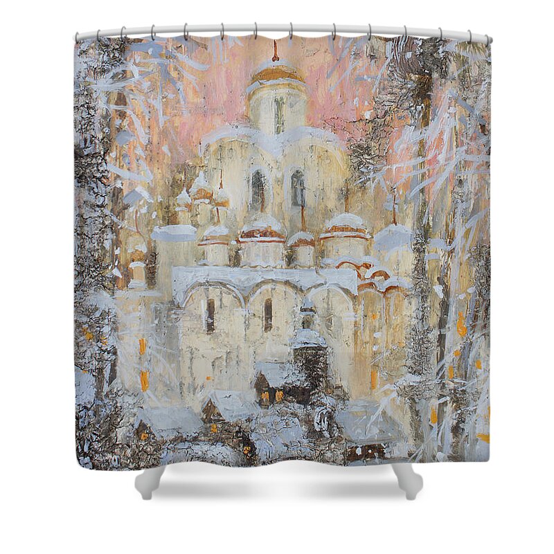 Russia Shower Curtain featuring the painting White Cathedral under Snow by Ilya Kondrashova