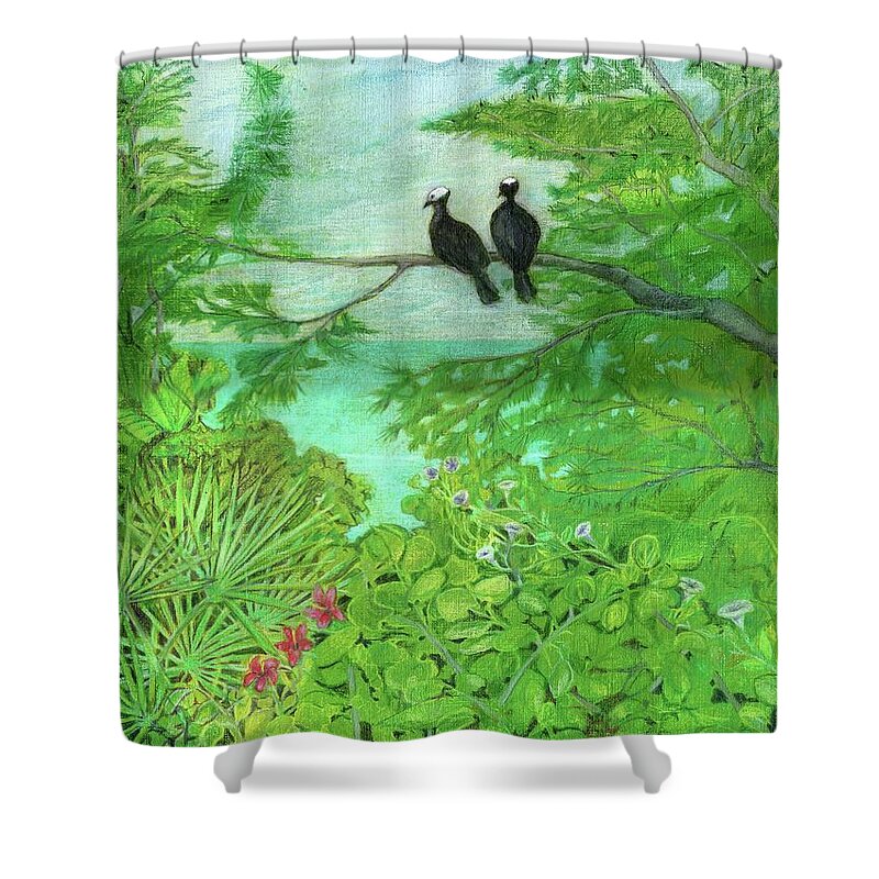 Bahamas Shower Curtain featuring the painting White-Crowned Pigeons by Amelia Stephenson at Ameliaworks