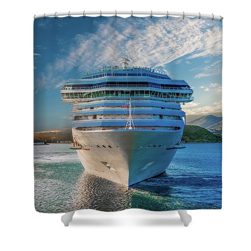 Boat Shower Curtain featuring the photograph White Cruise Ship from Front by Darryl Brooks