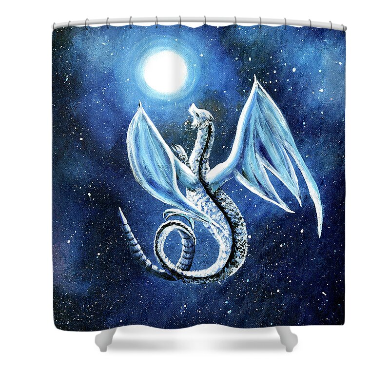 Zenbreeze Shower Curtain featuring the painting White Dragon in Midnight Blue by Laura Iverson