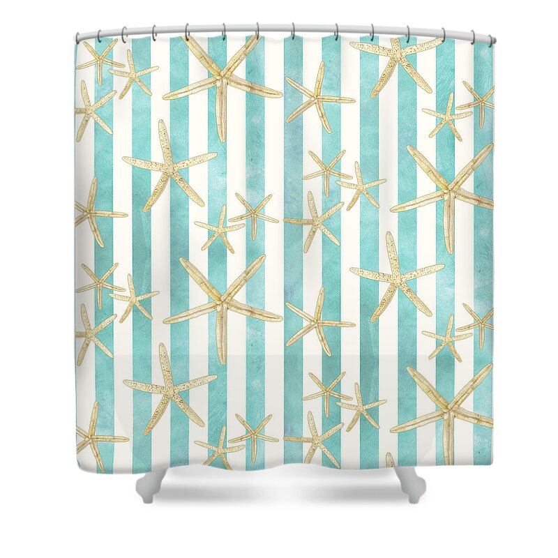 Watercolor Shower Curtain featuring the painting White Finger Starfish Watercolor Stripe Pattern by Audrey Jeanne Roberts