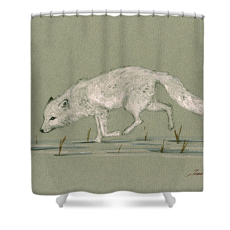 Arctic Fox Shower Curtain featuring the painting White fox walking by Juan Bosco