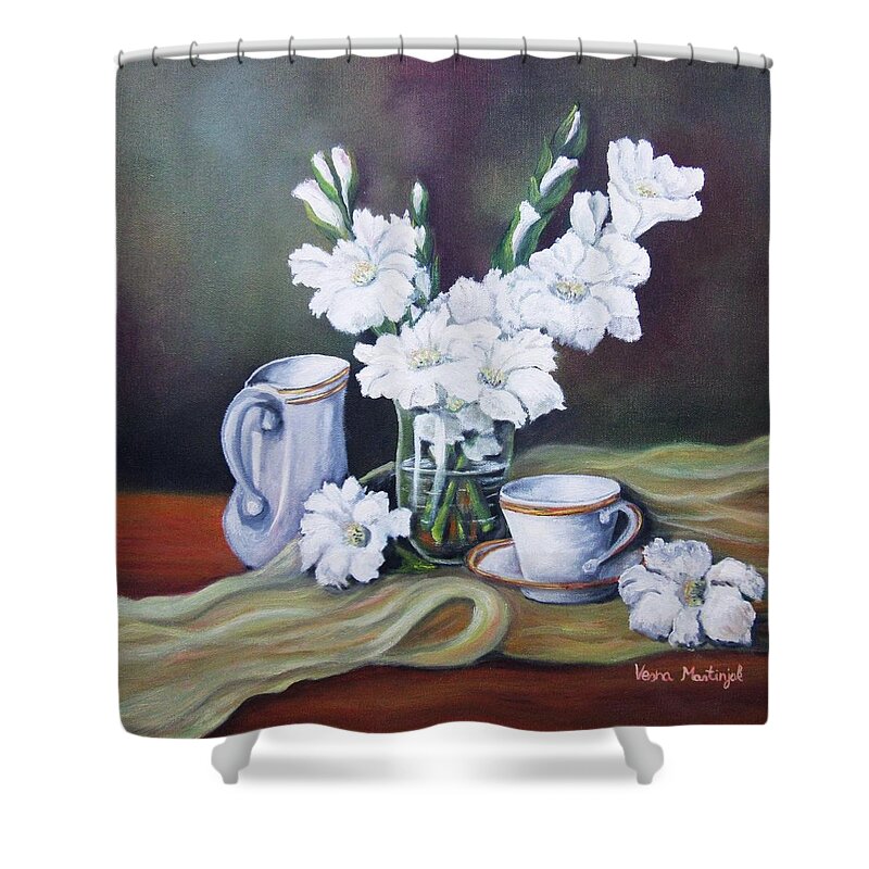 White Shower Curtain featuring the painting White Gladioli by Vesna Martinjak