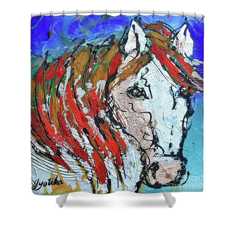  Shower Curtain featuring the painting White Horse by Jyotika Shroff