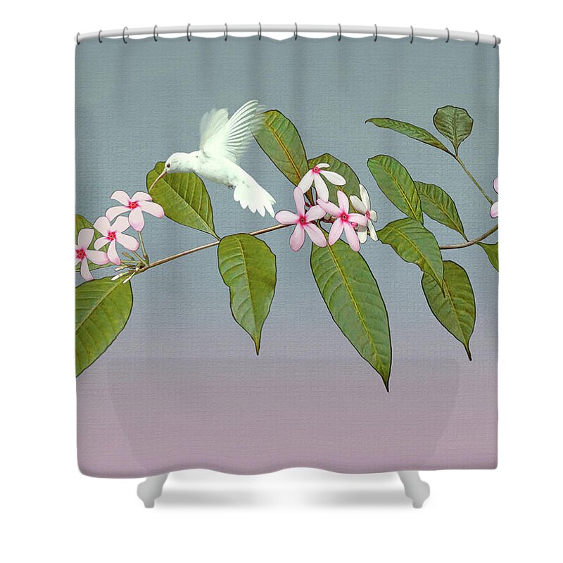 Hummingbird Shower Curtain featuring the digital art White Hummingbird and Kopsia by M Spadecaller