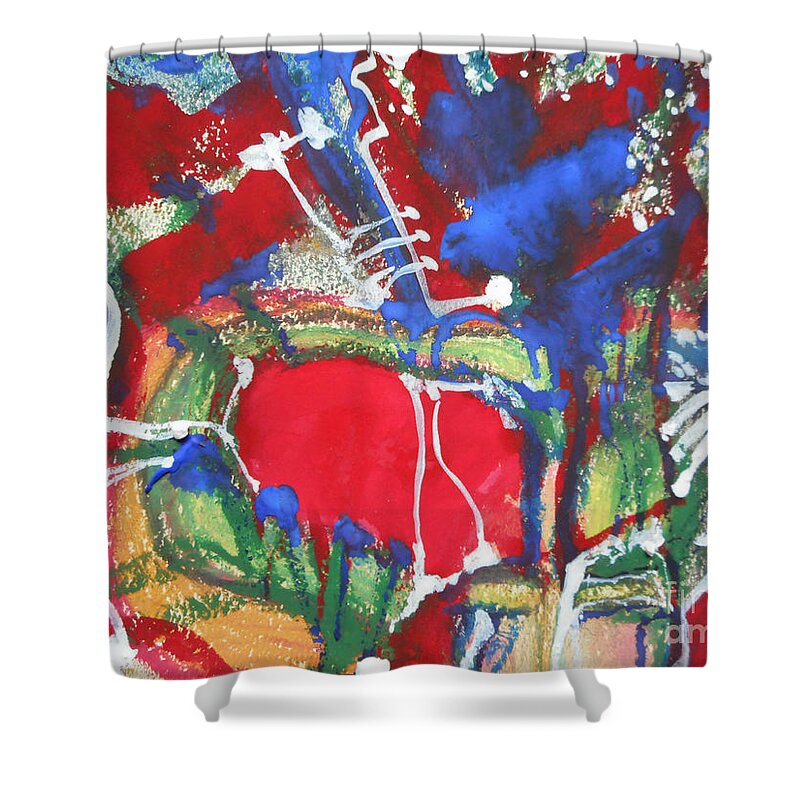 Katerina Stamatelos Art Shower Curtain featuring the painting White Lines and Dots by Katerina Stamatelos