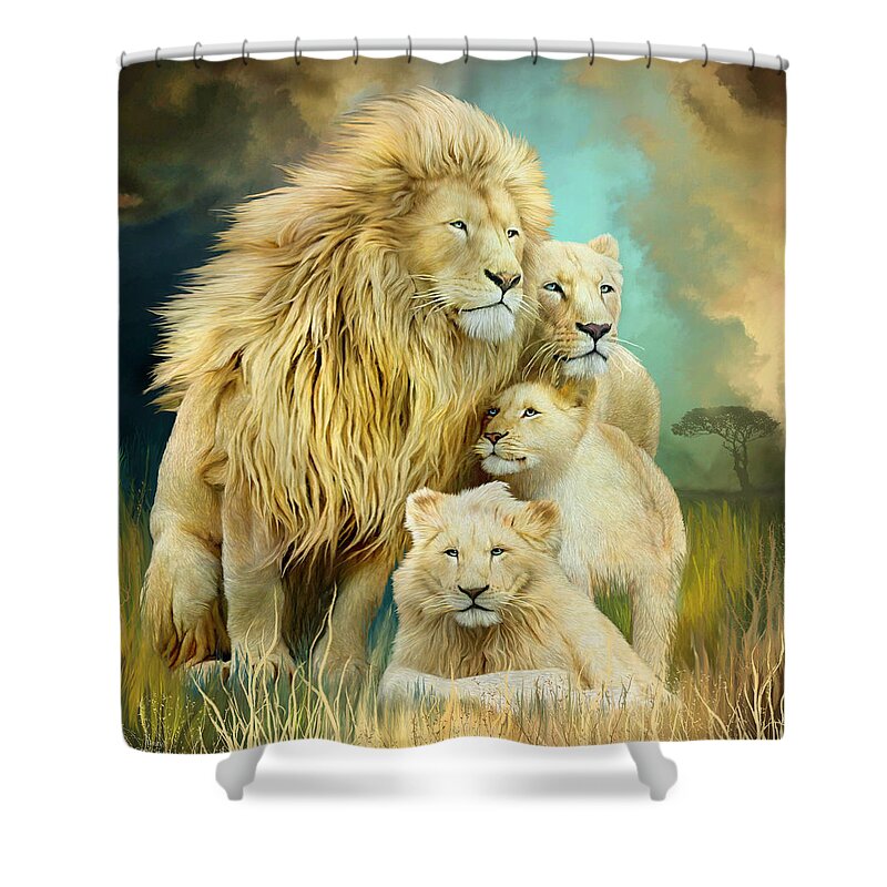 Carol Cavalaris Shower Curtain featuring the mixed media White Lion Family - Unity by Carol Cavalaris