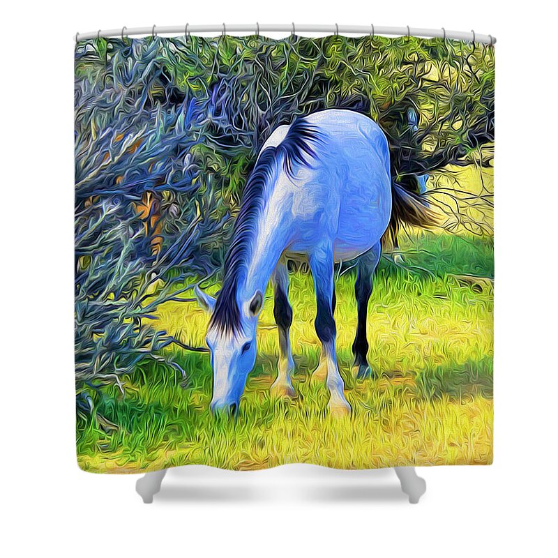 Horse Shower Curtain featuring the photograph White Mare at Salt River by Barbara Zahno