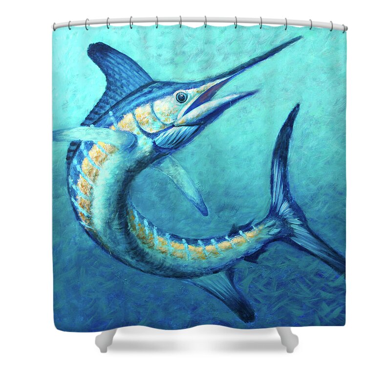White Marlin Shower Curtain featuring the painting White Marlin Twist by Guy Crittenden
