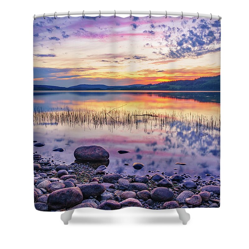 Europe Shower Curtain featuring the photograph White night sunset on a Swedish lake by Dmytro Korol