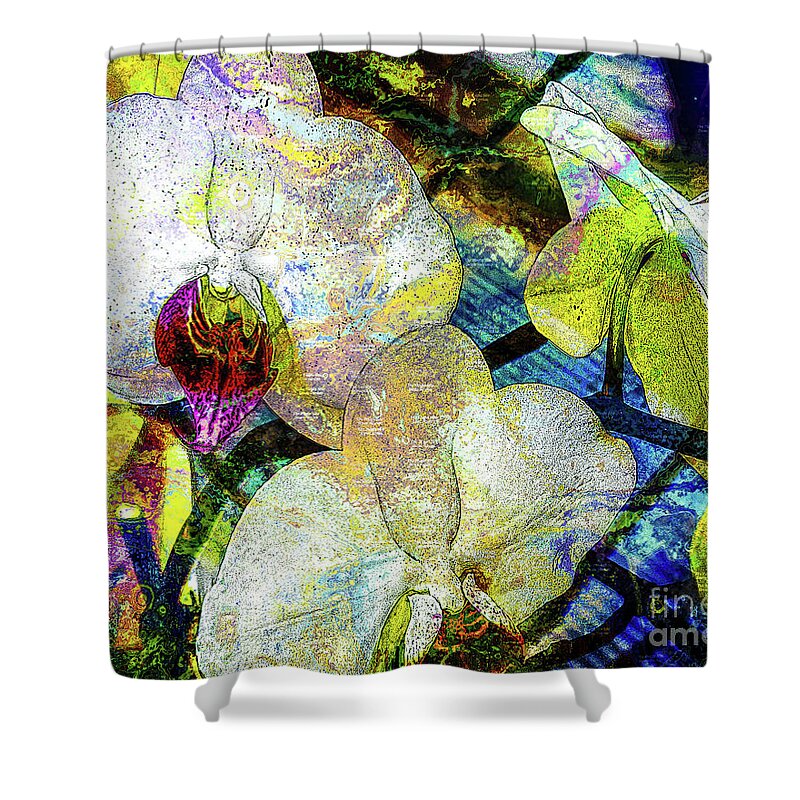 Floral Shower Curtain featuring the photograph White orchids on blue by Deb Nakano