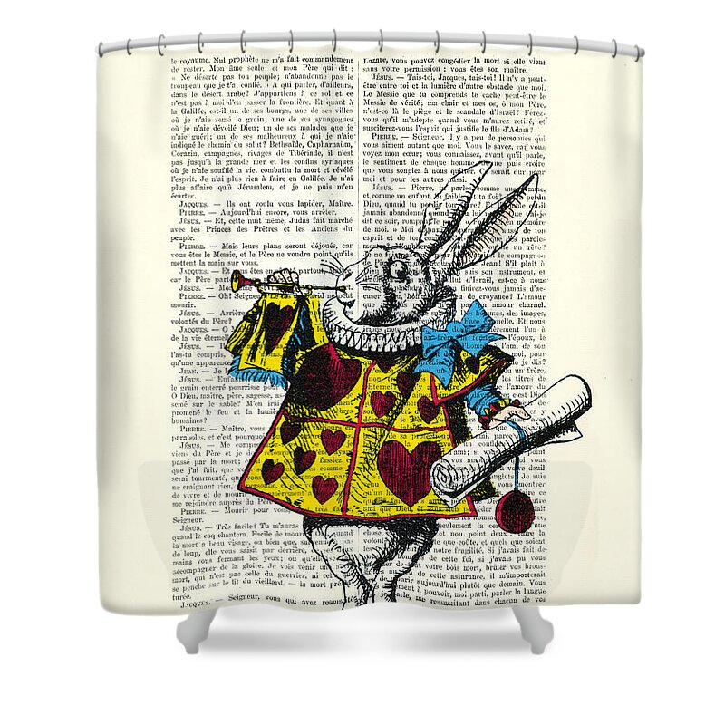 White Rabbit Shower Curtain featuring the digital art White rabbit blows his trumpet three times alice in wondreland by Madame Memento