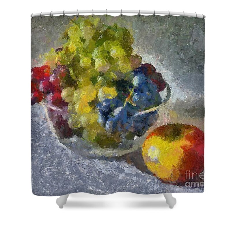 Still Life Shower Curtain featuring the painting White, Rose and Red Grapes by Dragica Micki Fortuna