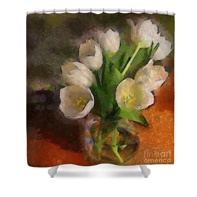 Still Life Shower Curtain featuring the painting White Tulips by Dragica Micki Fortuna