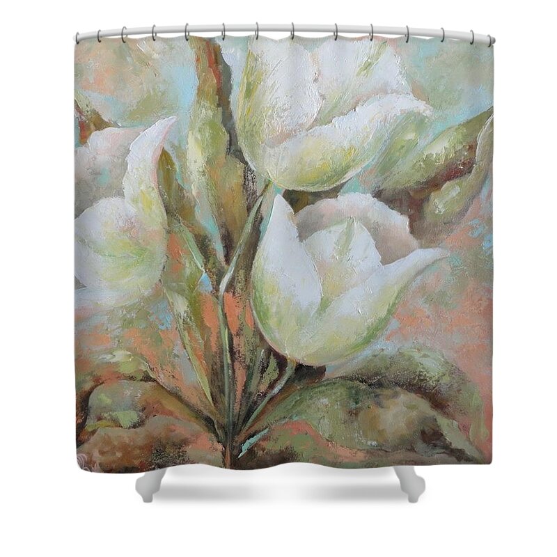 White Shower Curtain featuring the painting White Tulips by Vali Irina Ciobanu