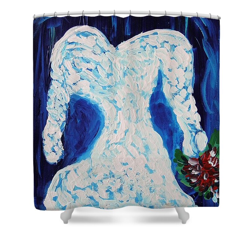 White Wedding Dress Shower Curtain featuring the painting White Wedding Dress on Blue by Mary Carol Williams