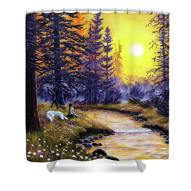  Yellow Shower Curtain featuring the painting White Wolf Meditation by Laura Iverson