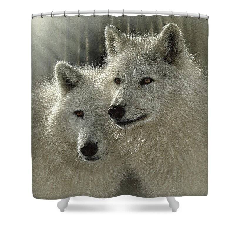 Wolf Art Shower Curtain featuring the painting White Wolves - Sunlit Soulmates by Collin Bogle