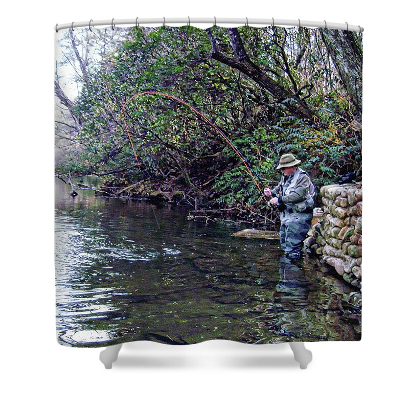 Fly Fish Shower Curtain featuring the photograph Whopper on the Line by Joe Duket