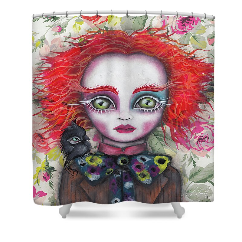 Mad Hatter Shower Curtain featuring the painting Why is a Raven like a Writing Desk? by Abril Andrade