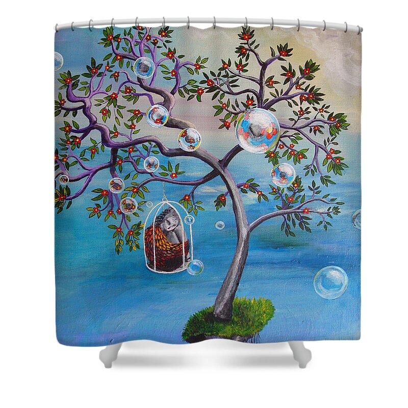 Surreal Shower Curtain featuring the painting Why The Caged Bird Sings by Mindy Huntress