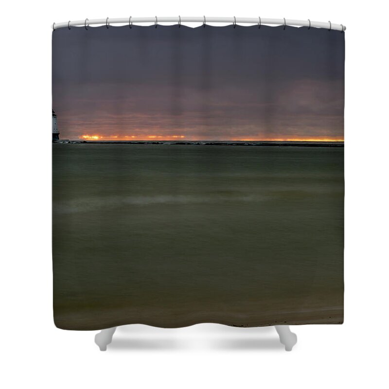 Ludington Mi Shower Curtain featuring the photograph Wide View of Lighthouse and Sunset by Lester Plank