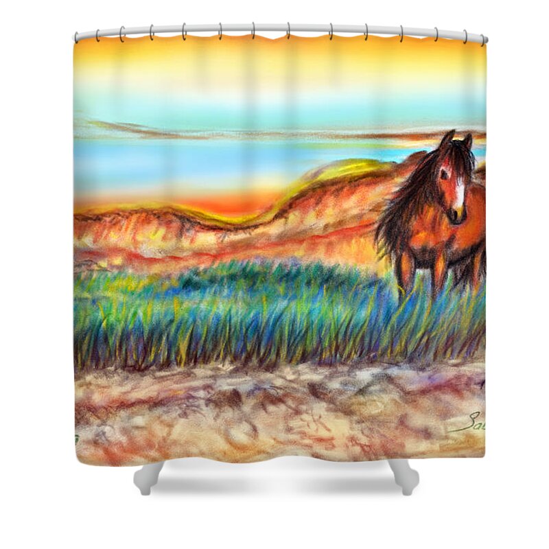 Wild Horse Art Shower Curtain featuring the painting Wild and Free Sable Island Horse by Pat Davidson